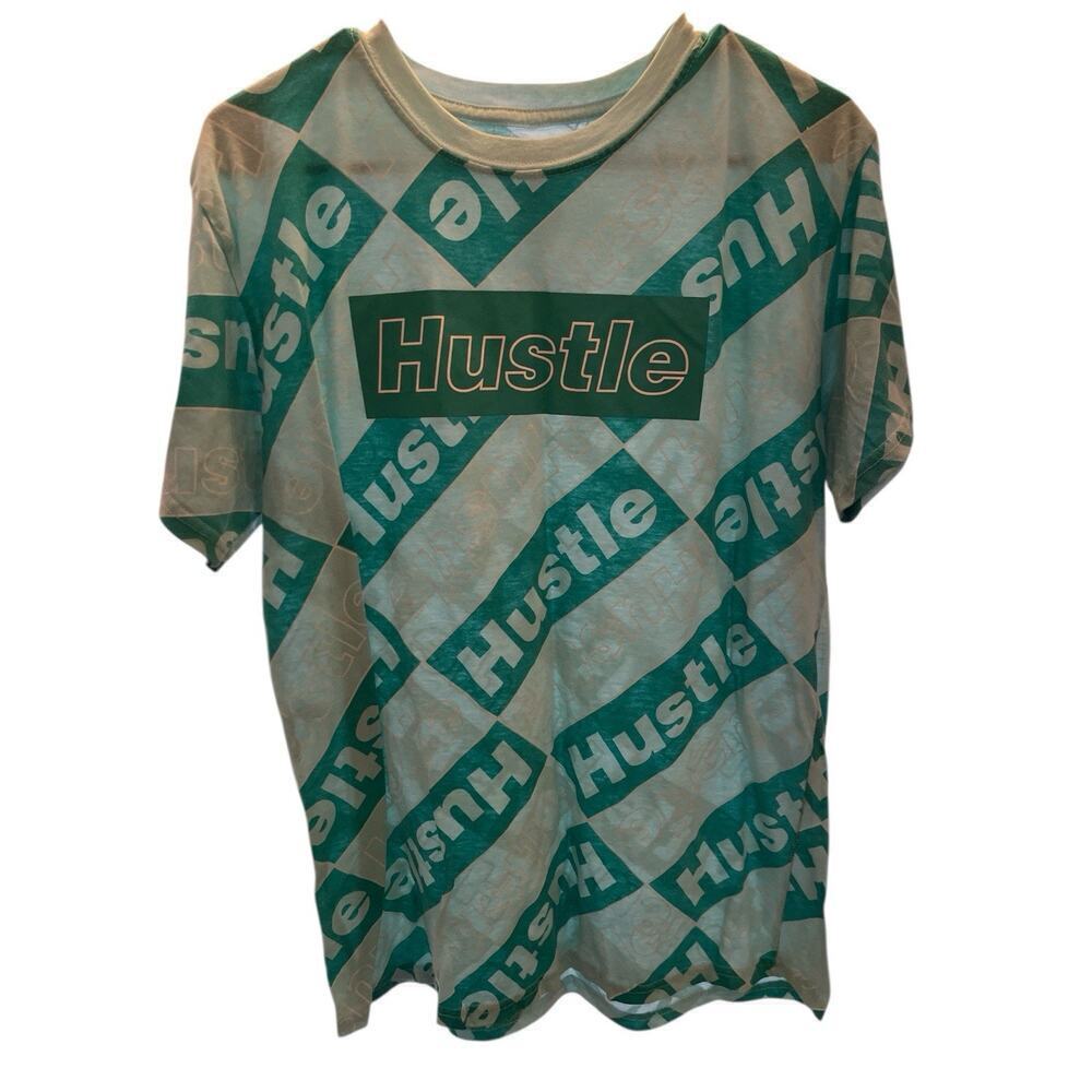 HUSTLE LARGE TEE WITH TEAL COLORS WITH SHORT SLEEVES